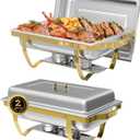 IMACONE Chafing Dish Buffet Sets of 2, 8QT Stainless Steel Rectangular Chafers and Buffet Warmer Sets for Catering, with Food & Water Pan, Lid, Gold Foldable Frame, Fuel Holder for Event Party Holiday