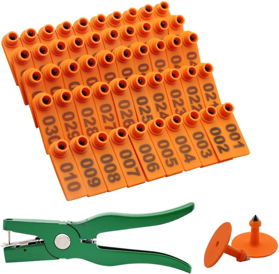 Sheep Ear tag plier& 001-100 Numbered Goat Ear Tags and 2pcs pins for Dog Deer and Livestock Animals(Orange)