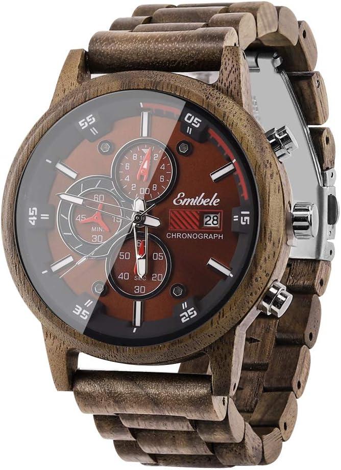 Emibele Wooden Watch for Men, Date Display Chronograph Quartz Wrist Watch, 3 Sub-dials Handmade Light Weight Luminous Watch - Walnut