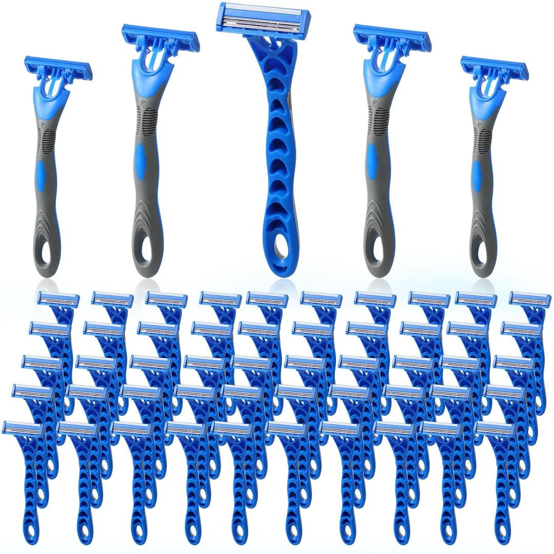 50 Pcs Three Blade Disposable Razors for Men Bulk Men's 3 Blade Sensitive Skin Razor for Comfortable Shave