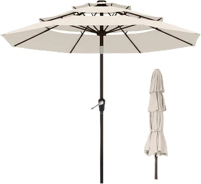 10ft 3 Tier Patio Umbrella, Outdoor Market Table Umbrella with UPF 50+ Vented Canopy, 8 Sturdy Ribs, Easy Push Button Tilt and Crank, Windproof for Deck, Pool, Backyard and Garden