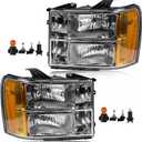 Headlight Assembly Compatible with GMC Sierra 2007-2013 Halogen Head lamp, OE-Style Headlamp Replacement for 22853029 22853030 GM2502283 GM2503283, Bulbs Included, Chrome Housing Amber Reflector