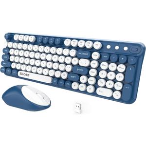 Wireless Keyboard and Mouse,Cute Retro Typewriter Computer Keyboard and Mouse Sets,Full SIze 2.4G Cordless Colorful Round Keycaps Keyboard with Silent Mouse for PC Window Laptop Home OfficeWhite Blue