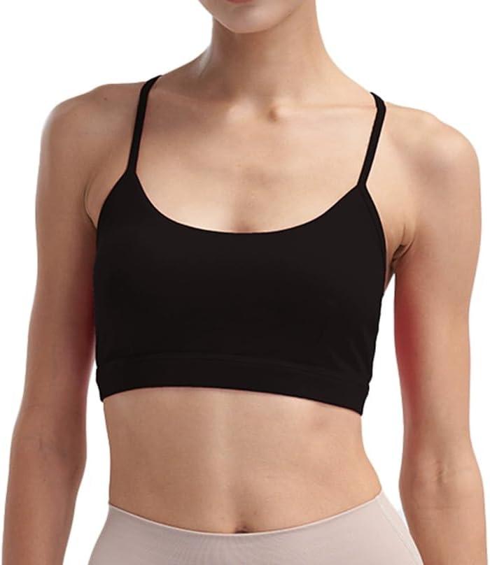 Womens Adjustable Spaghetti Strap Sports Bra Scoop Neck Yoga Crop Top Wireless Padded Workout Bra for Pilates Daily Wear (Black, M)