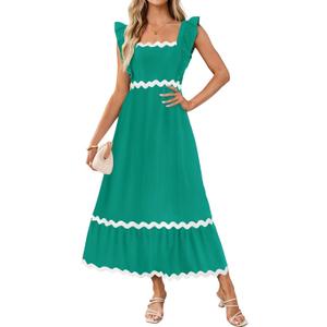 ZESICA Women's Summer Sleeveless Ruffle Dresses Square Neck Backless Boho Flowy Maxi Sundress with Pockets (Green, S)