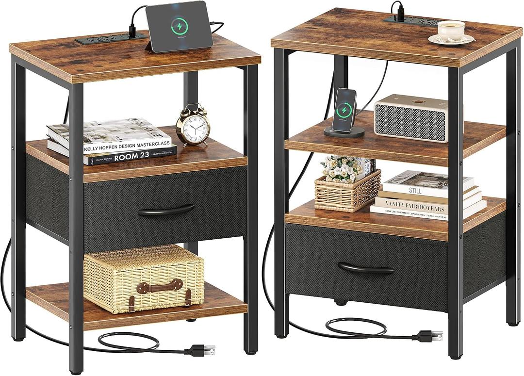 SUPERJARE Nightstand Set of 2, Bed Side Tables with Charging Station, Adjustable Fabric Drawer, Night Stand for Bedroom, 3-Tier Storage End Tables, for Living Room, Rustic Brown and Black