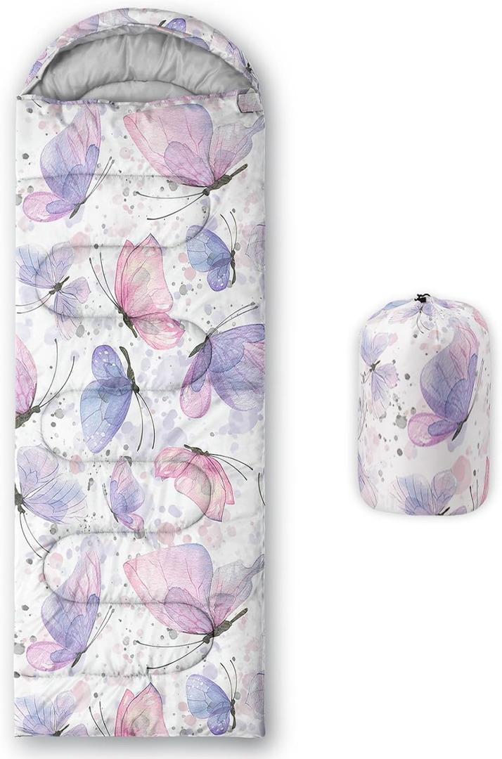 Kids Sleeping Bag for Boys Girls,3D Basketball Print-Lightweight Warm Portable Outdoor Indoor-Waterproof Cold Weather Resistant Sleeping Bag for Camping Hiking (Butterfly)