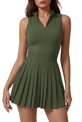 QINSEN Tennis Dress for Women Two Piece High Neck Flowy Pleated Active Dress Summer Front Zip Workout Golf Dress Army Green M