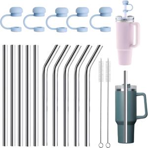 10 Pack stainless steel straws-5 straight 5 curved,L 11.81 inches/30 cm W 0.4 inches,5 Pack 10mm silicone cap2 Pack cleaning brushesfor 30 oz and 40 oz Stanley Cups,Mugs,Glass Mug,Ice Bar Mug (blue)
