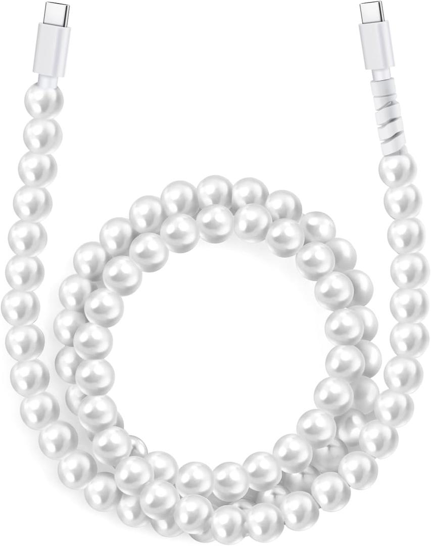 Aolcev USB C Cable 66W USB C to USB C Charging Cable 3.3FT Cute Beaded for iPhone Charger Pearl Type C Charger Fast Charging USB C Charger Cord for iPhone 16 Pro 15 Pro Max Plus Galaxy S24 S23 White