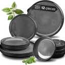 VIDA 12-Piece Porcelain Dinnerware Plate Set for 4 | Includes 4 Dinner Plates, 4 Dessert Plates, 4 Bowls | Modern Grey Ceramic Tableware, Stoneware Look, Microwave & Dishwasher Safe Dishes (Gray)