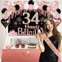 34th Birthday Decorations for Women, 49pcs Black Rose Gold Black Happy 34th Birthday Banner, Tablecloth, Butterfly Decor, Sash and Tiara, Cake Topper, Candles, Balloons Arch