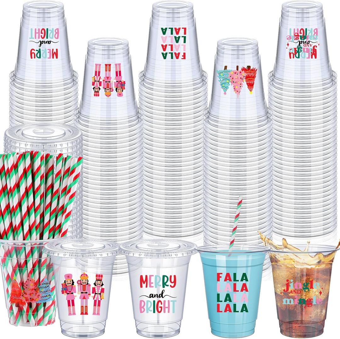 50 Sets Christmas Disposable Cups for Party Decoration with Lids and Straws Plastic 12 oz Nutcracker Red Green Cold Beverage Drinking Cups for Xmas Tree Birthday Party Decorations Supplies