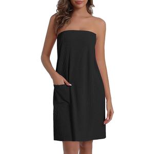 Ekouaer Waffle Robes For Women Bath Wraps Lightweight Knee Length Soft Shower Robe with Pocket Black M
