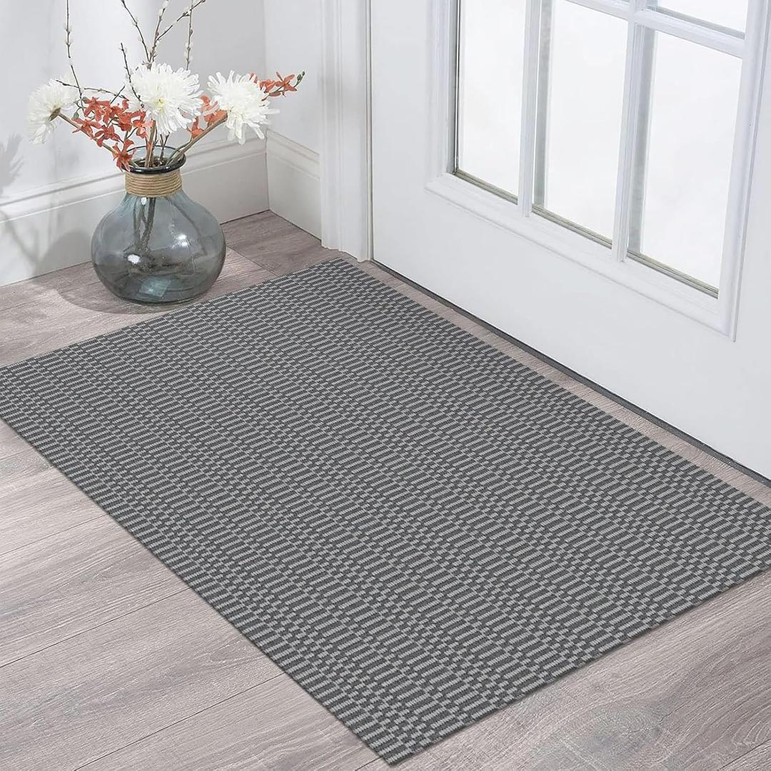KOZYFLY Washable Area Rug 2x3 Ft Small Entryway Rug Indoor Door Mat Throw Rugs with Rubber Backing, Braided Cotton Floor Carpet for Front Entrance Bathroom Kitchen Foyer, Black/Grey/Charcoal Grey