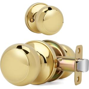 Flat Ball Door Knob Without Key and Lock, Non-Locking Passage Round Design Doorknob for Hallway/Closet, Polished Brass Finish (1 Pack)