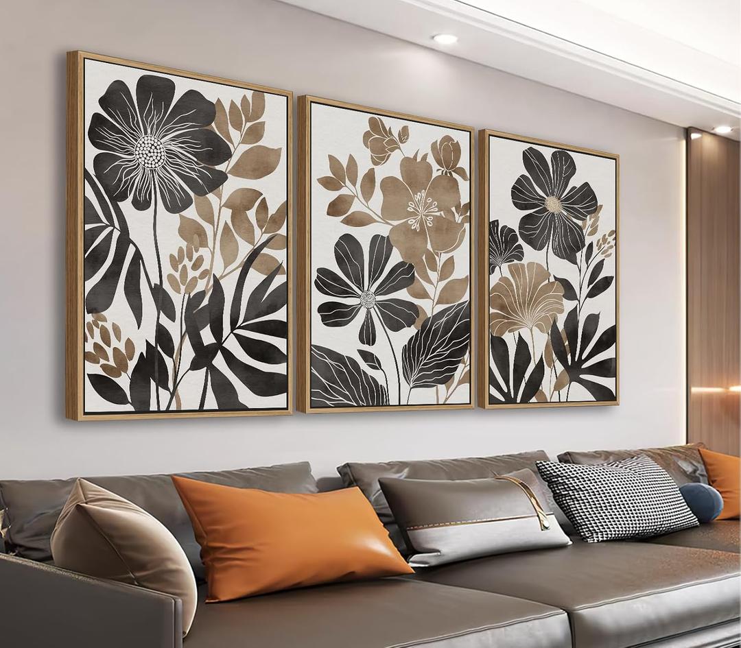 Large Framed Canvas Wall Art - Natural Float Framed Rustic Black Flowers Leaves Pictures Decor Brown Floral Foliage Artwork for Bedroom Living Room Kitchen Home Office Decoration 48" X 24" Set of 3, 16" X 24" X 3pieces Framed