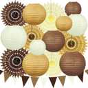 16Pcs Brown Party Decorations Kit, Hanging Earth Tones Brown and Beige Paper Lanterns (6" 8" 10") Honeycomb Paper Fans for Neutral Birthday Baby Shower Bridal Shower Wedding Fall Decorations