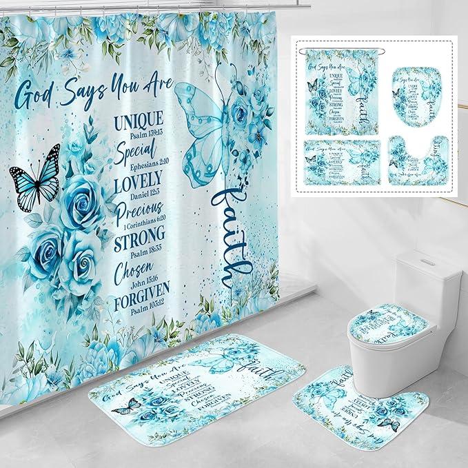 Litabel 4 Pcs Teal Butterfly Inspirational Quotes Shower Curtain Set with Rugs and Toilet Lid Cover, Colorful Boho Waterproof Fabric Bathroom Set, Bible Verse Floral Bathroom Decor Set Accessories
