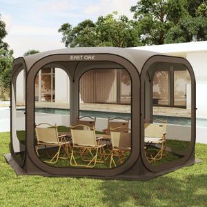 East Oak Screen House Tent Pop-Up, Portable Screen Room Canopy Instant Screen Tent 12 x 12 FT with Carry Bag for Patio, Backyard, Deck & Outdoor Activities, Brown