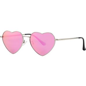 Polarized Heart Shaped Sunglasses for Women Metal Frame Cute Lovely Glasses 100% UV Protection (Silver/Rosepink Mirror)