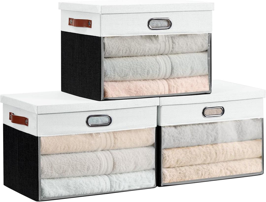 Fabric Clear Window Storage Bins with Lid, Closet Storage Box Linen Closet Baskets with 3 Handles for Organizing Clothing, Jeans, Shelves 17''- 3 Pack (Black and White)