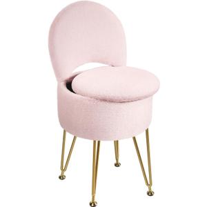GREENSTELL Vanity Stool Chair with Storage and Folding Back, 15.7" x 15.7" x 19.5" Faux Fur Soft Ottoman for Adults, 4 Metal Legs with Anti-Slip Feet, Furry Padded Seat for Makeup, Bedroom, Pink