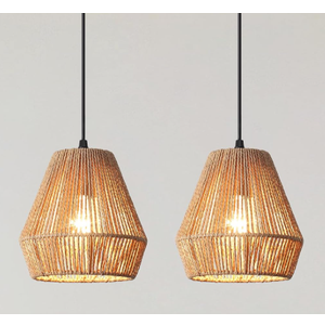 2 Pack Woven Pendant Light Kitchen Island 6.7" Boho Pendant Lights Fixture Rustic Hanging Lamp with Hand-Woven Rattan Shade Farmhouse Coastal Hanging Light for Bedroom Dining Room Foyer Hallway