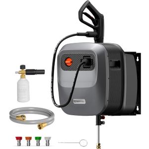 Giraffe Tools Grandfalls Retractable Pressure Washer G20B, 2500 PSI 2.2 GPM, Wall Mounted Power Washer with 65FT Hose Reel, Black Pressure Hoses, 4 Nozzles for Floor/Cars/Fences/Patios, Dark Silver