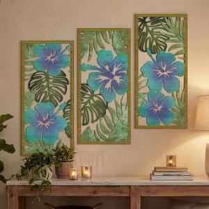 3 Pcs Tropical Wall Decor 3d Wooden Palm Leaf Wall Art Monstera Sculptures Wood Hibiscus Flowers Hanging Decor Vintage Plant Plaque for Home Bathroom 7.09 x 15.75 Inch(Fresh Style)