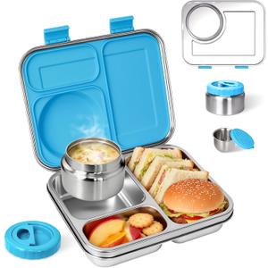 Stainless Steel Bento Lunch Box7+ Older KidsTeens  Adult with Insulated Food Jar,Leakproof 3-Compartment,BPA-Free, Eco-Friendly,Dishwasher Safe, Large-Capacity Box, School,Office,Travel Blue)