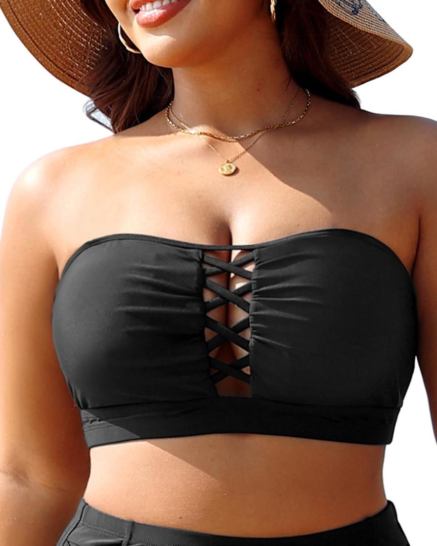 Plus Size Bikini Swimsuit Top - Women Bandeau Swim Top Lace Up Bathing Suit Bra for Large Bust Swimwear (Black, L)