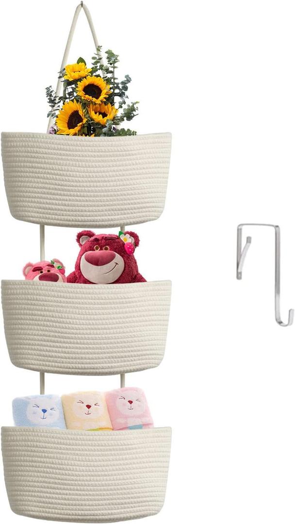 TeoKJ Over the Door Hanging Basket, 3-Tier Woven Cotton Wall-Mounted Storage Organizer Bag Decorative Hanging Nursery Baskets, White