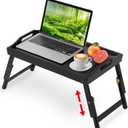 Breakfast Bed Tray for Eating - Height Adjustable Raised Food Table - Bamboo Serving Tray on Lap Sofa - Portable Snack Platter with Folding Legs Ideal for Bedroom, Picnic - Black (Medium)