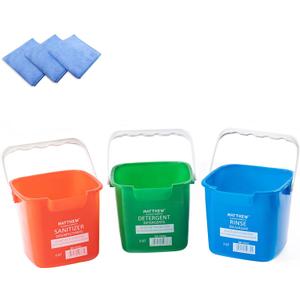 Matthew Red&Green&Blue Detergent and Sanitizing Cleaning Bucket 3 Quart Cleaning Pail,Set of 3 Square Containers,Built-In Spout w/Handle,Wash Rinse Sanitize Handwash Bucket,Incl.3Pcs Microfiber Cloths