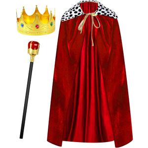Silkfly King Cape Costume Set Medieval Robe Cape Gold Jeweled Plastic Crown Scepter for Carnival Halloween (120 cm, Red)