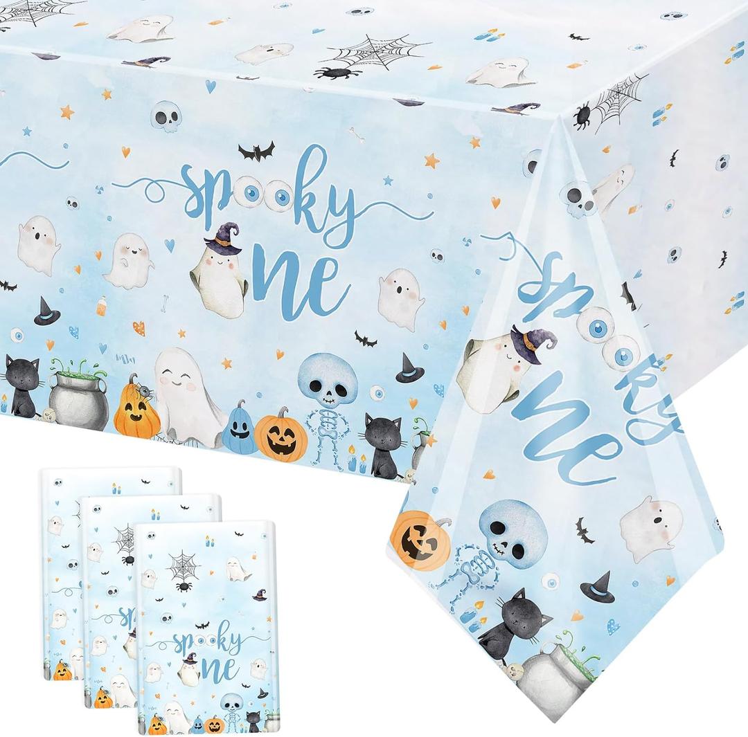2 x MEHOFOND Spooky One Birthday Decorations Boy, 3 Pcs Blue Halloween First Birthday Tablecloths, Spooky One Table Cloth Halloween 1st Bday Party Decorations, Ghost Pumpkin Table Cover Party Decor