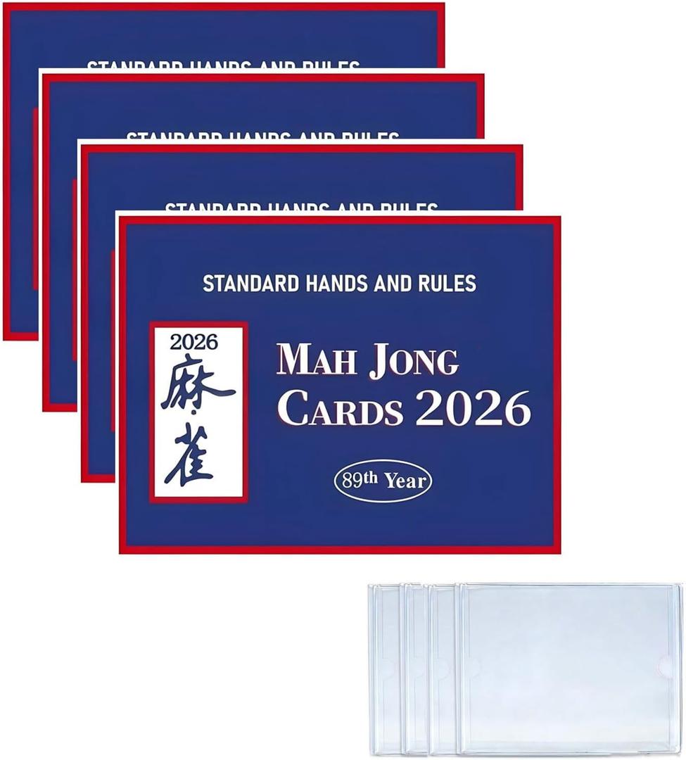 Mahjong Cards 2026, 4Pcs Official Revision Game Cards with Covers - Premium Waterproof Latest Version Mahjong Score Cards, Clear Large Print, Easy-to-Read & Understanding for Mahjong Fans
