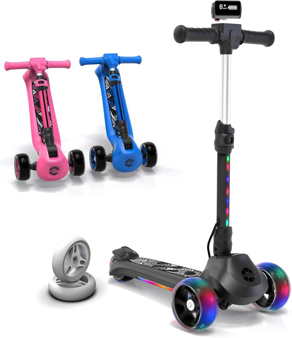 Elecorange T200/T500 Balance Electric Scooter for Kids Age 4-9, 2 Types Front Wheels, Electric Horn, Full Body Lights Up, Wide Deck, 5Mph Safe Speed, 70min Riding, Foldable Kick Scooter Boys & Girl (Midnight Black)