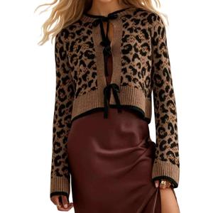 Ythomm Women Leopard Print Bow Tie Cardigan Sweaters Long Sleeve Crewneck Open Front Knit Cardigan Coats Casual Loose Outwear Brown (Brown, L)