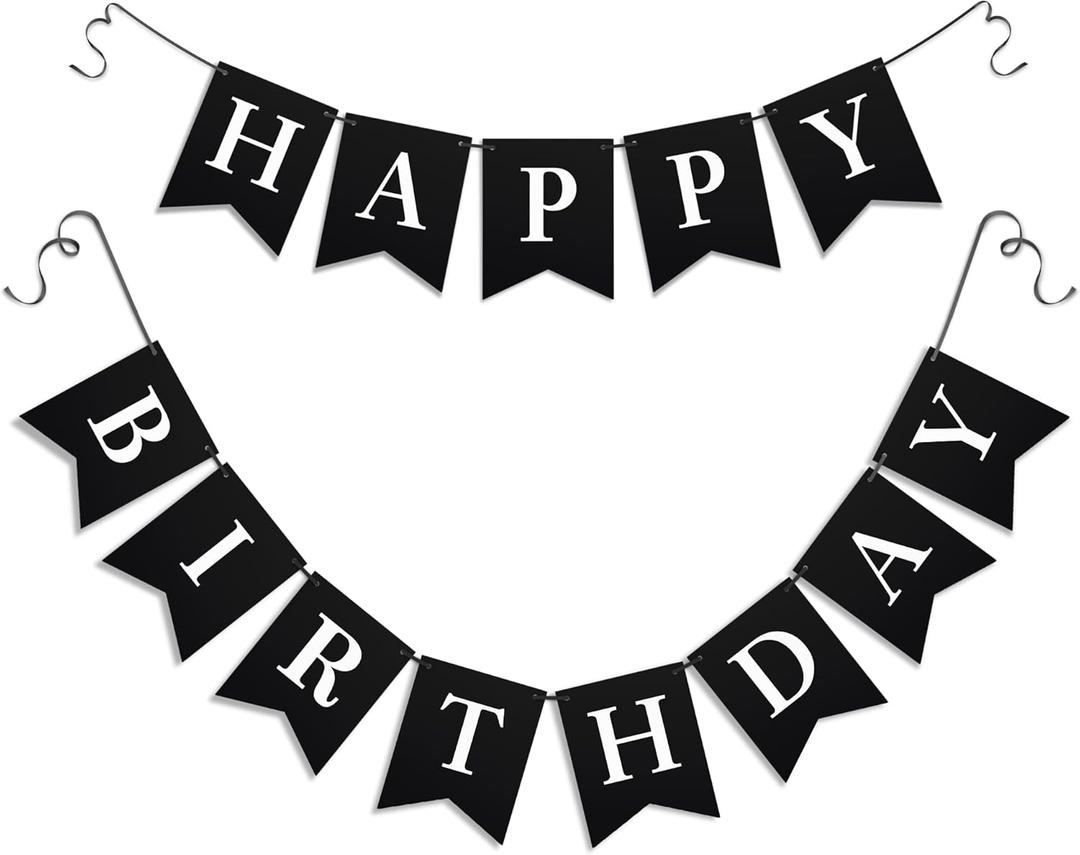 Black Happy Birthday Banner - Black Hanging Backdrop Sign With White Letters, Happy Birthday Sign Bunting Decorations For Men Women Kids Baby Shower Party Supplies (13pcs)