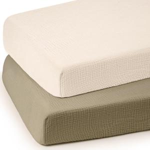 Lulumoon Mini Crib Sheets Muslin: Soft Cotton Fitted Mini Crib Mattress Sheets for Boys and Girls 2Pack (Olive & Cream)