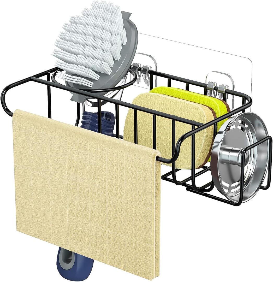 HapiRm 4 in 1 Adhesive Sponge Holder Sink Caddy, SUS304 Stainless Steel Brush Holder + Dish Cloth Hanger + Soap Rack + Sink Stopper Rack, No Drill Kitchen Sponge Caddy - Black