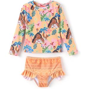 Disney Mickey and Friends Girl Two Piece Long Sleeve Swimsuit Rashguard Bathing Suit (2T, Disney Princess-orange)