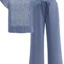 ANRABESS Women Two Piece Outfits Crochet Sheer Knit Sweater Top Wide Leg Pants Lounge Matching Sets Sweat suit Travel Clothes (Medium, Deep Blue)