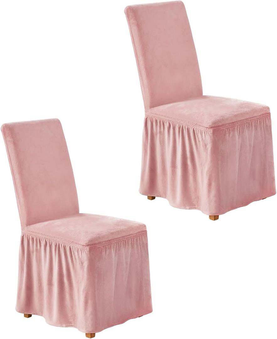NICEEC Spandex Chair Covers for Dining Chairs Covers Set of 2 Removable Dining Room Chair Covers with Skirt Parson Chair Slipcovers Washable Chair Protector for Kitchen Wedding Banquet(Pink)