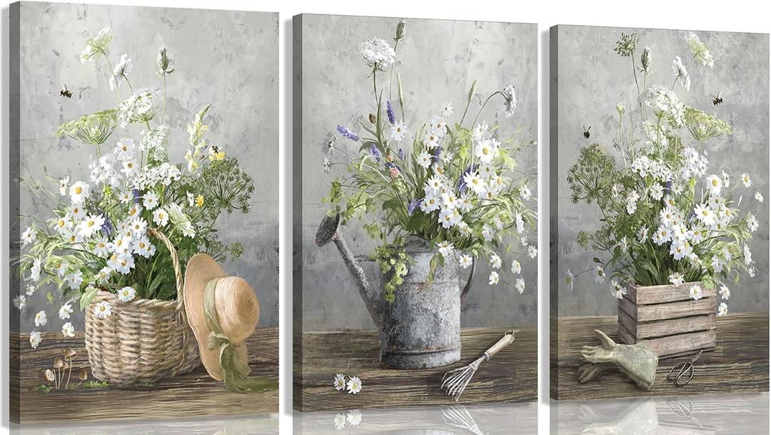3pcs Country Daisies Canvas Wall Art Countryside Flower Painting Picture Wall Decor Farmhouse Still Life Basket Poster Print Artwork for Bathroom Bedroom Home Decoration 16x24in