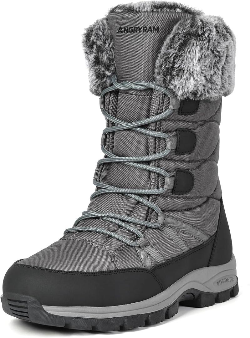 ANGRYRAM Winter Steel Toe Boots for Women Warm Insulated Non Slip Snow Boots Comfortable Work Shoes Mid Calf Faux Fur Furry Snow Shoes for Industry Construction Outdoor Winter (7.5, Grey)