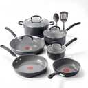 T-Fal Ultimate Hard Anodized 12-Piece Ceramic Nonstick Cookware Set, Oven Safe Up to 400F, Ceramic Pots and Pans Set, Frying Pans, Saucepan, Stockpot, Cooking Utensils, Stone