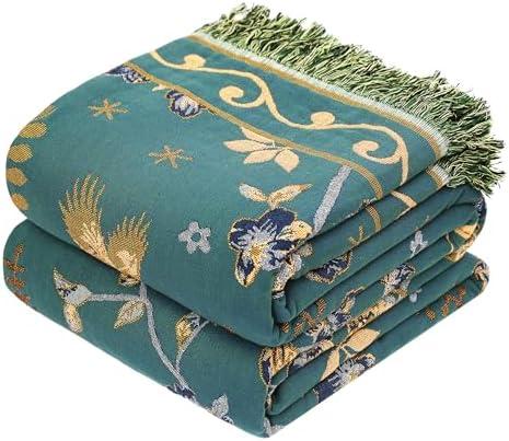 VANJOROY Boho 100% Organic Cotton Large Throw Blanket 50" x 60" - All Season Rustic Ultra Soft Breathable Floral Bird Blanket for Bed Sofa Couch Chair Bedspread Quilt Gift-Teal,Beige